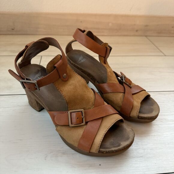 Dansko Dominique T-Strap Leather Heels Womens 39 Brown Strappy Sandals Wood Heel - Picture 2 of 10